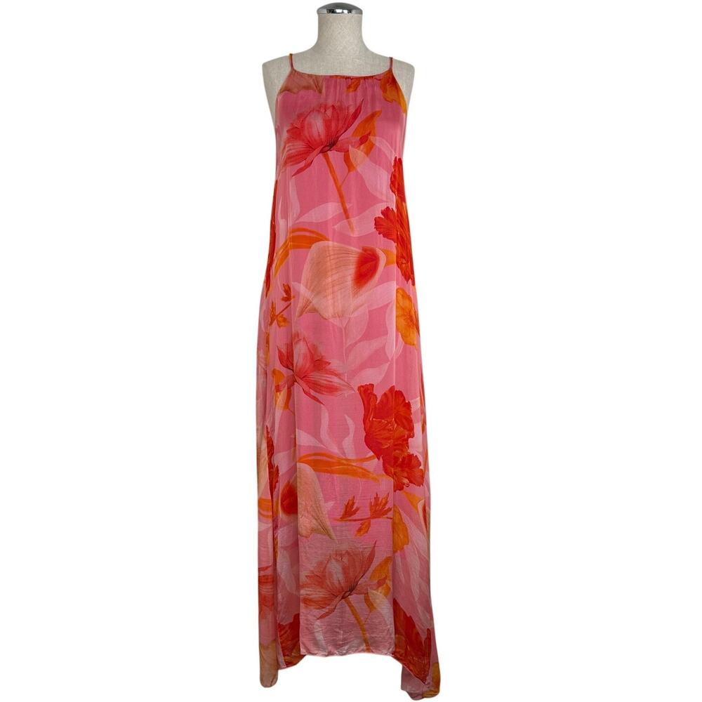 Le Ragazze Silk Blend Maxi Dress Floral Trapeze Slip Pink Orange Made in Italy
